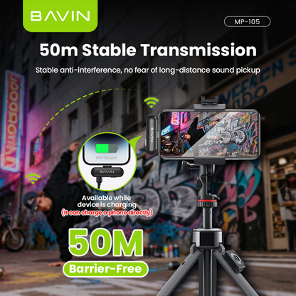 BAVIN MP105 Dual Wireless Microphone 50m Range, Plug & Play w/ 3-Mode Noise Cancellation, Case & LED for Type-C/ iPhone