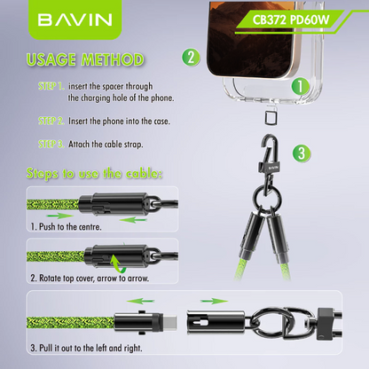 BAVIN U-CB372 Lanyard 60W PD 1.2m Fast Charging Data Cable Type-C to C /Type-C to iPh for iPh&Android (Supports 17 Series)