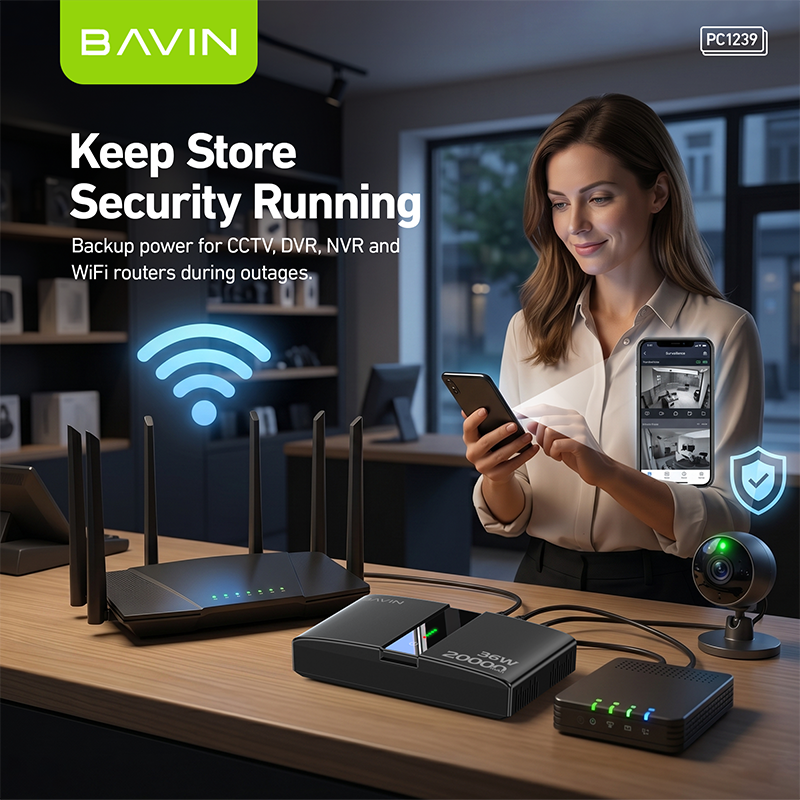 BAVIN PC1238 Portable 18W/36W 20000mAh UPS Uninterrupted Backup Powerbank for PoE Sensor, Router, CCTV