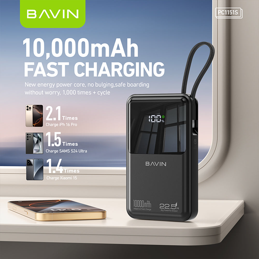 BAVIN PC1151 10000mAh Powerbank w/ 22.5W Triple Fast Charging Built-in Type-C & iPhone Cables | Smart LED Display