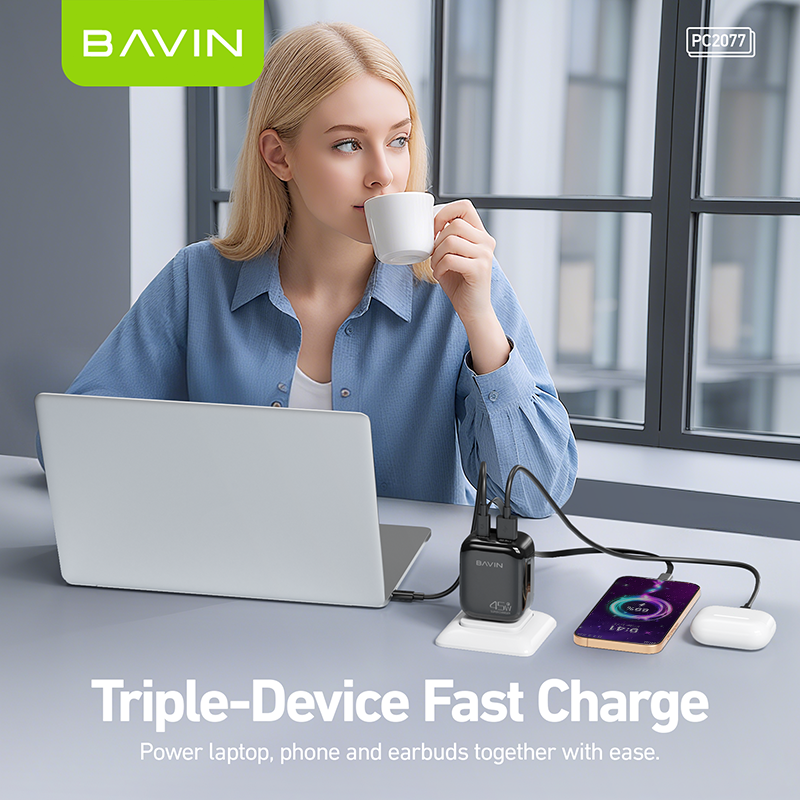 BAVIN PC2077 PD 45W QC3.0 Portable Fast Charging Adapter Charger w/ 70cm Retractable Cable + Foldable AC Plug