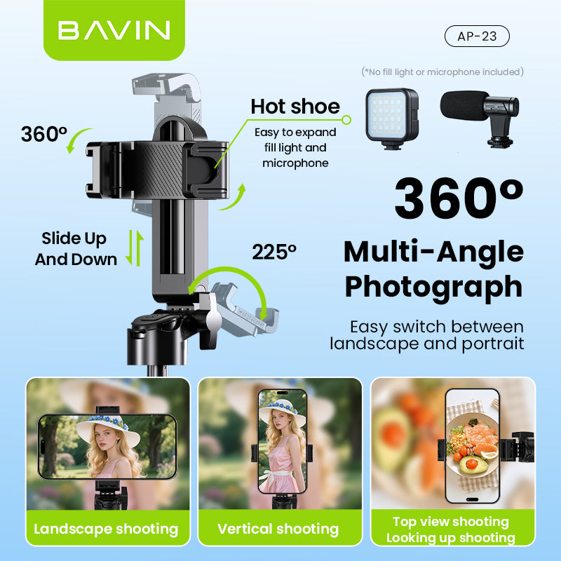 BAVIN D-Z-P23 3in1 Mini Selfie Stick w/ Tripod Bluetooth 42cm Portable & Compact 360° Rotation & Wireless Camera Shutter
