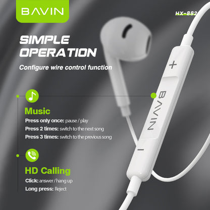 BAVIN HX882 2-in-1 Wired In-Ear Earphones w/ 3.5mm + Type-C Dual Connectors, Hi-Res Audio w/ Volume Control & Microphone
