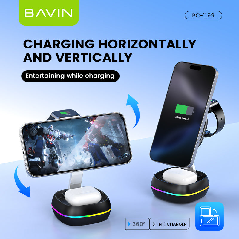 BAVIN C-W-PC1199 3in1 Magnetic Wireless Charger 15W Retractable Type-C Input & Foldable Stand for Phone Watch & Earbuds