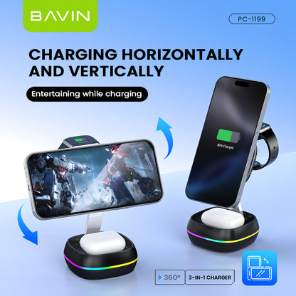 BAVIN C-W-PC1199 3in1 Magnetic Wireless Charger 15W Retractable Type-C Input & Foldable Stand for Phone Watch & Earbuds