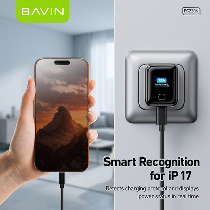 BAVIN PC2206 Mini 45W PD GaN Fast Charger Wall Adapter w/Smart Display+Foldable Plug for iPhone17/Laptop