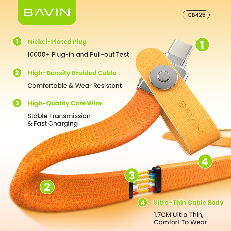 BAVIN CB425 2in1 60W Fast Charging Phone Strap Lanyard + Flat Type-C Data Cable 1.2m for iPhone 17, Android