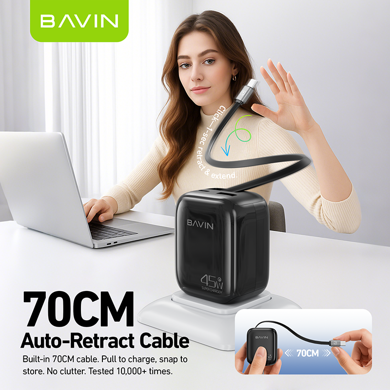 BAVIN PC2077 PD 45W QC 3.0 Portable Fast Charging Adapter w/ 70cm Retractable Cable + Foldable AC Plug for Laptop/Phones