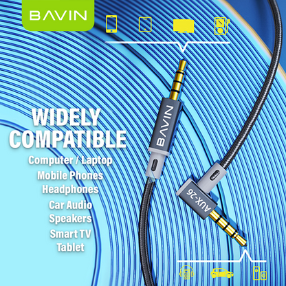 BAVIN H-3.5-AUX26 Universal 3.5mm Audio Jack Cable 1.2m Nylon Braided w/ 90° Angle for Speaker, TV, Computer & Phones