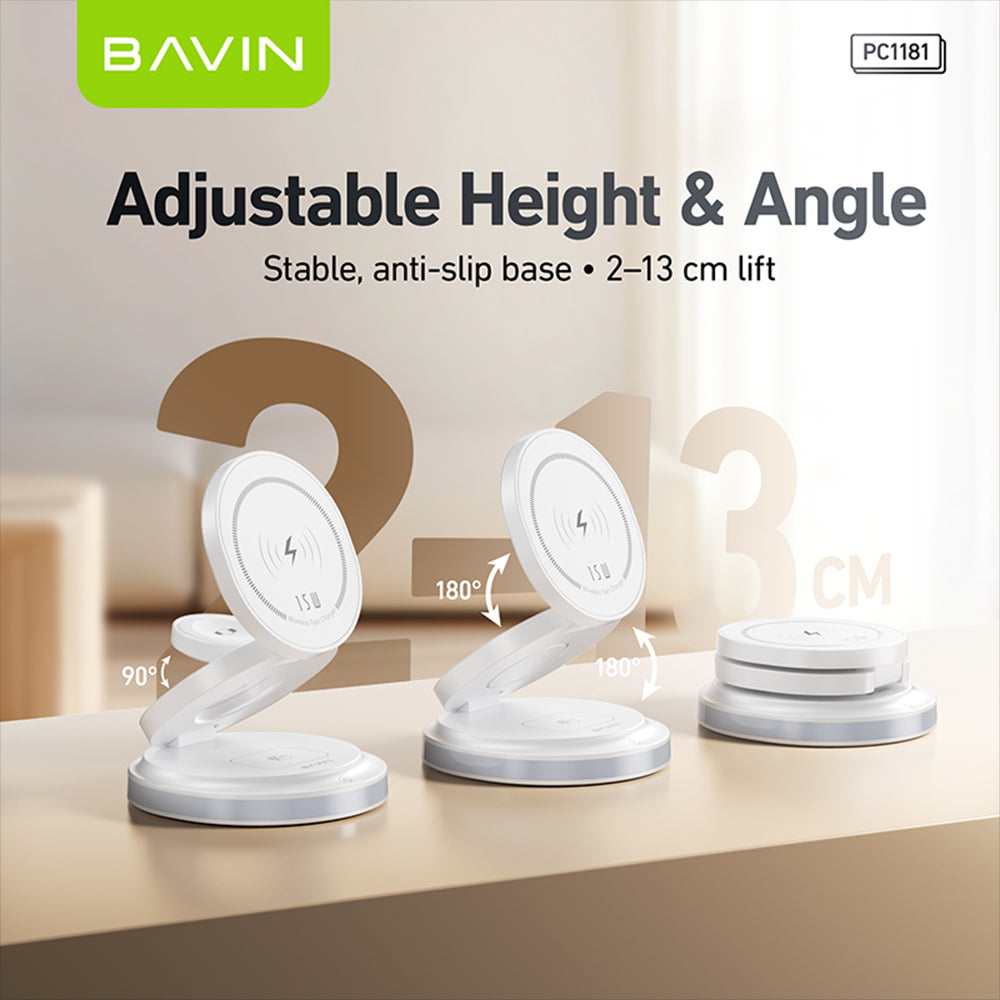 BAVIN Y-PC1181 3-in-1 Magnetic Wireless Charger 15W Fast Charging Dock for Phone / Watch / Earbuds Foldable w/ LED Light