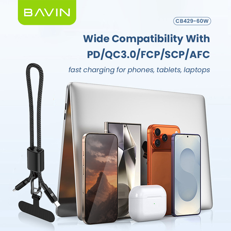 BAVIN CB429 2in1 Portable Fast Charging 60W PD Type-C Data Cable w/ Phone Lanyard for iPhone 17, Android