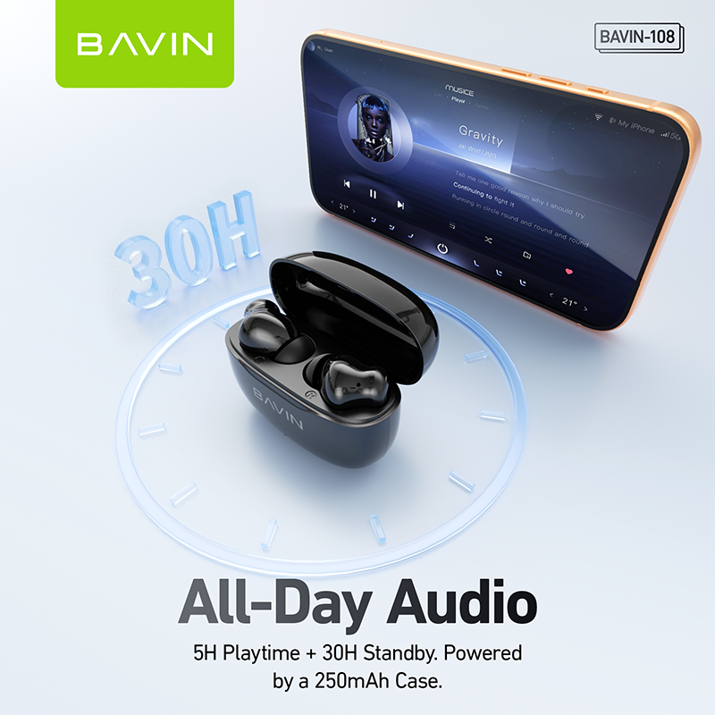 BAVIN BA108 Hi-Res Audio Wireless Bluetooth 6.0 Earbuds ANC+ENC Noise Reduction |Long Battery Life