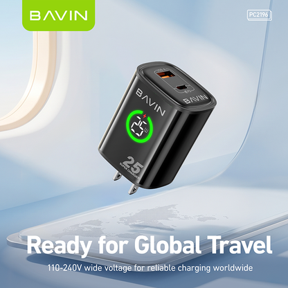 BAVIN PC2196 PD 25W+QC 3.0 Fast Charging Wall Charger Dual Ports w/ LED Display+ iPhone/Type-C Cable