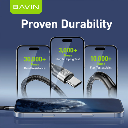 BAVIN U-CB378 60W+18W 2-in-1 Fast Charging Cable Type-C to Type-C 1.2m Nylon for iPh & Android (Supports 17 Series)