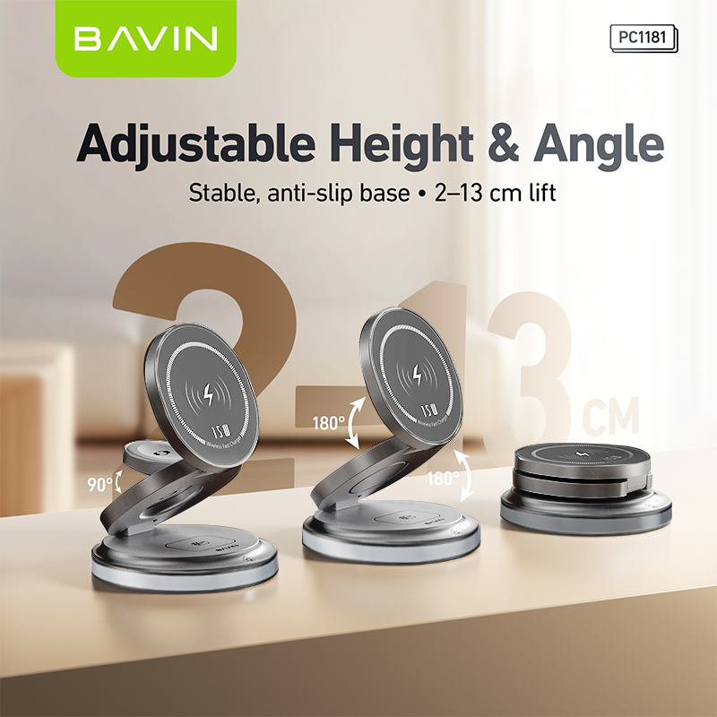 BAVIN PC1181 3in1 Magnetic 15W Wireless Charger Dock for Phone/Watch/Earbuds w/ Foldable Stand & LED