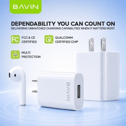 BAVIN PC658Y 3.0A Quick Charging Charger w/ 1 Meter Charging Cable for Micro / iPhone /Type-C
