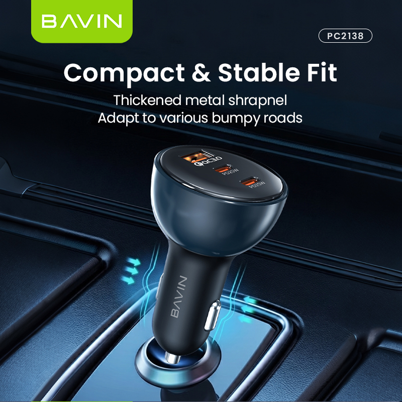 BAVIN PC2138 68W PD Fast Charging Car Charger w/ 25W 2x Type-C + 18W USB Ports QC3.0 for Phone