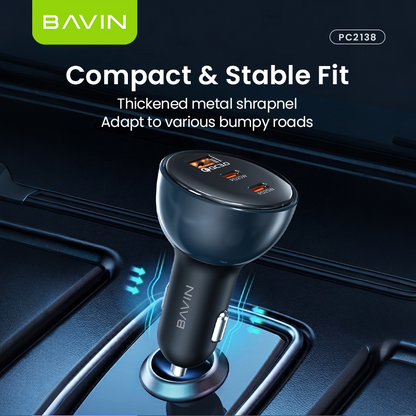 BAVIN PC2138 68W PD Fast Charging Car Charger w/ 25W 2x Type-C + 18W USB Ports QC3.0 for Phone