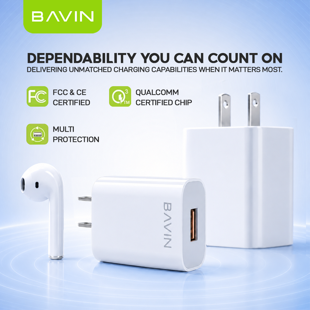 BAVIN PC658Y 3.0A Quick Charging Charger w/ 1 Meter Charging Cable for Micro / iPhone /Type-C