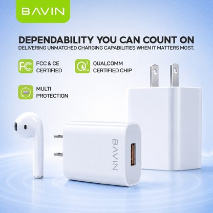 BAVIN PC658Y 3.0A Quick Charging Charger w/ 1 Meter Charging Cable for Micro / iPhone /Type-C