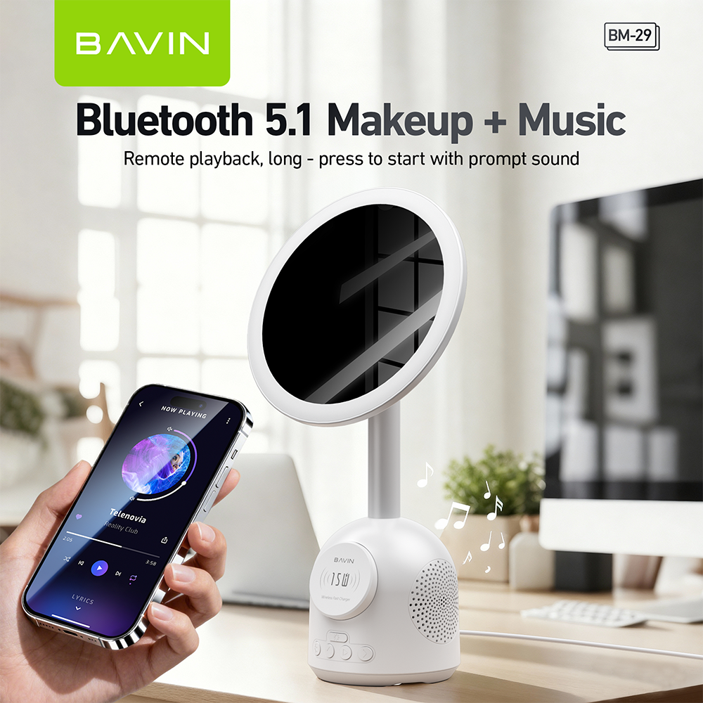 BAVIN BM29 Multifunctional Makeup Mirror Bluetooth Speaker w/ 15W Magnetic Wireless Fast Charging + Freebie 30WPD Charger