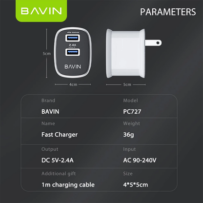 BAVIN PC727 2.4A Quick Charge Dual USB Wall Charger w/ Charging Cable for iPhone / Micro / Type-C