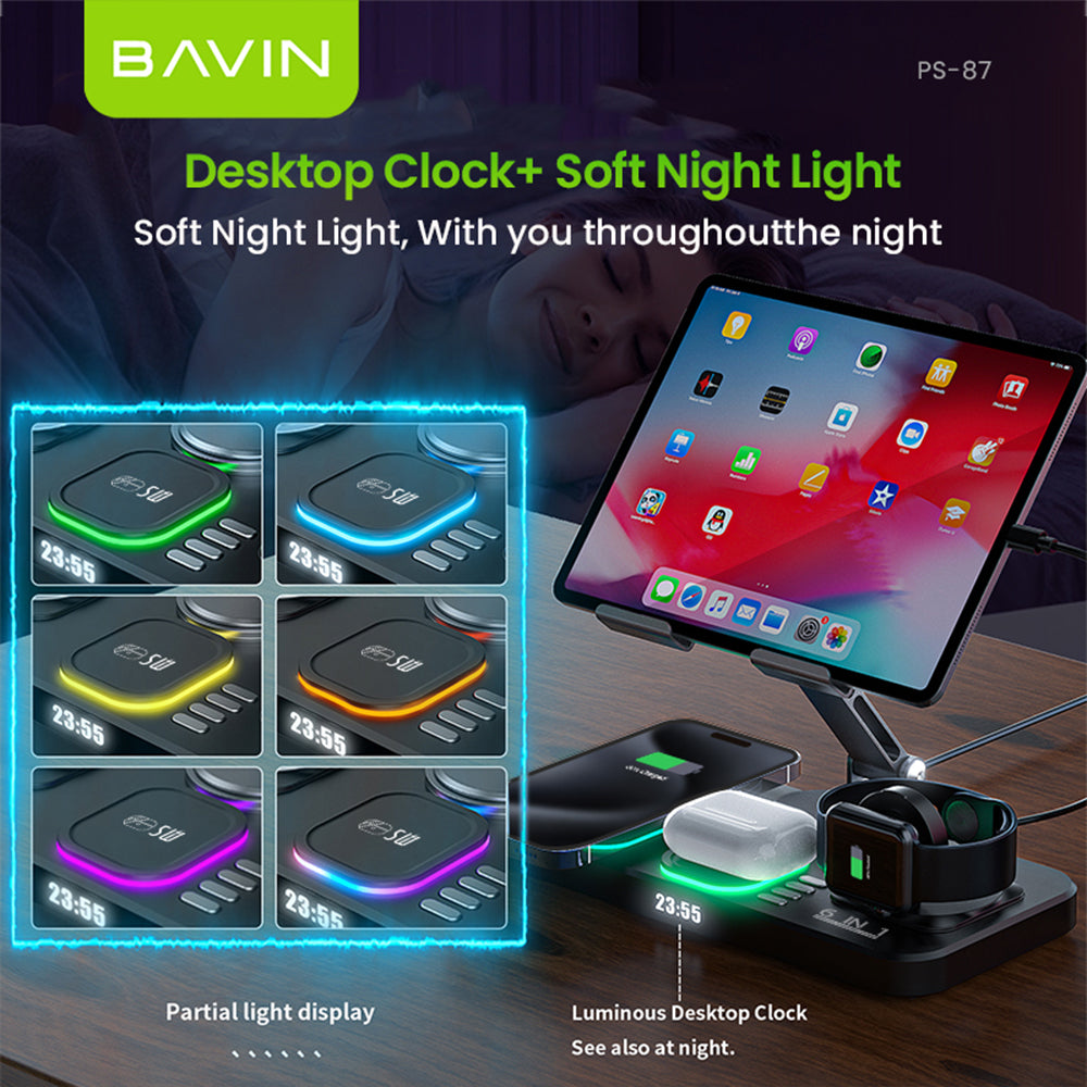 BAVIN D-S-PS87 6in1 Magnetic 15W Wireless Charging Stand w/ LED Light for Phone, Earbuds & Watch