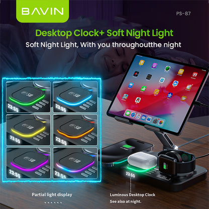 BAVIN D-S-PS87 6in1 Magnetic 15W Wireless Charging Stand w/ LED Light for Phone, Earbuds & Watch