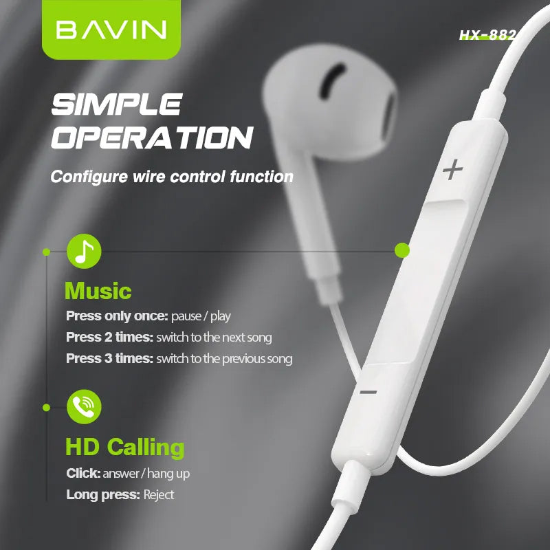 BAVIN HX882 2-in-1 Hi-Res Wired In-Ear Earphones w/3.5mm + Type-C Dual ports w/ Volume Control & Mic
