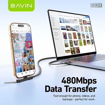 BAVIN CB430 2-in-1 240W PD Type-C Fast Charging Data Cable 1.2m w/ Foldable Stand for iPhone & Android