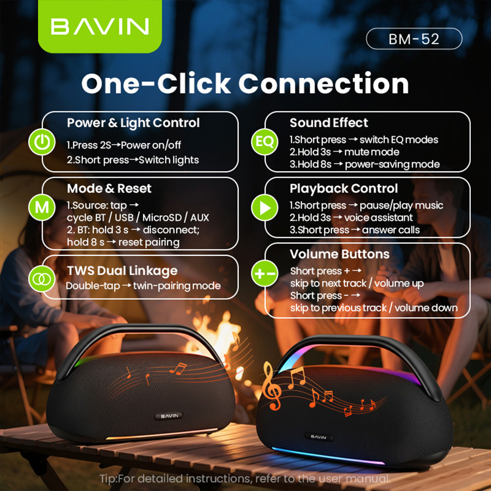 BAVIN BM52 TWS 80W Powerful Sound Party Bluetooth Speaker w/ 12000mAh Powerbank, Wireless Mic + RGB