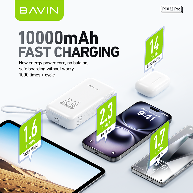 BAVIN Y-PC032 Pro / Y-PC1103 2-in-1 Charger & Powerbank 10000/20000mAh 22.5W Fast Charging w/ Dual Cables & Foldable AC Plug