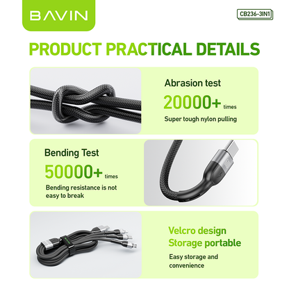 BAVIN CB236 3-in-1 60W 30W 18W Fast Charging Nylon Braided & Data Transfer Cable for iPh & Android (Supports 17 Series)
