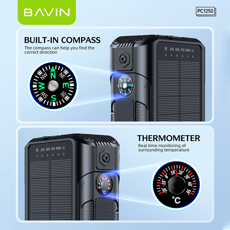 BAVIN PC1250 Portable Multifunctional 40000mAh PD 22.5W Fast Charge Solar Powerbank Built-in Cables