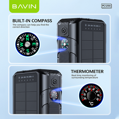 BAVIN PC1250 Portable Multifunctional 40000mAh PD 22.5W Fast Charge Solar Powerbank Built-in Cables