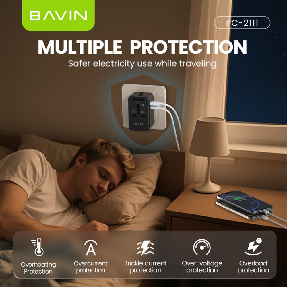 BAVIN PC2111 Universal Travel Adapter 20W Fast Charger USB-A + Type-C + QC | Multi-Port Plug w/LED Light