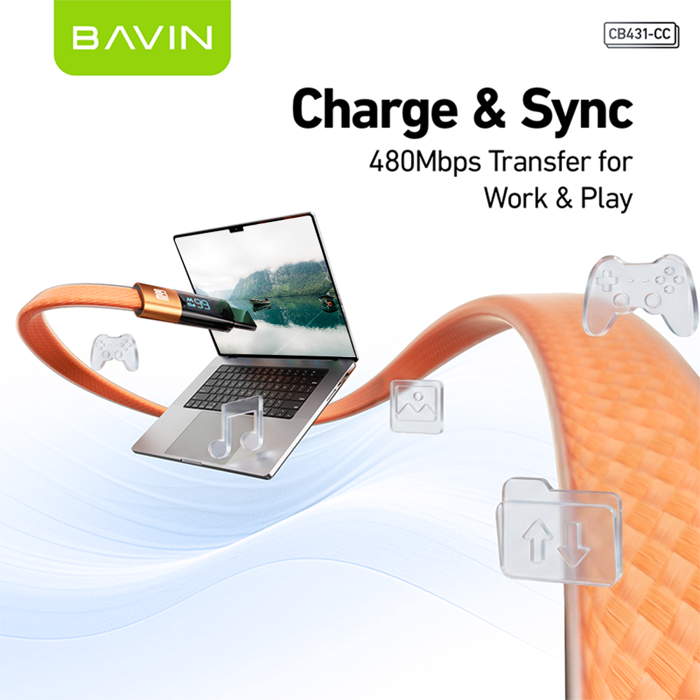 BAVIN CB431 66W PD Fast Charging 1M Braided Data Cable USB to Type-C & Type-C to Type-C w/ LED Display