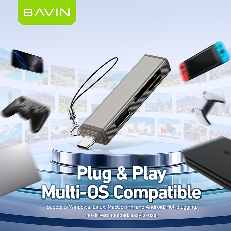 BAVIN O92 3-in-1 USB2.0 Portable Card Reader TF + SD + USB OTG w/480Mbps For Laptop, Smartphone, Tablet & OTG Supported