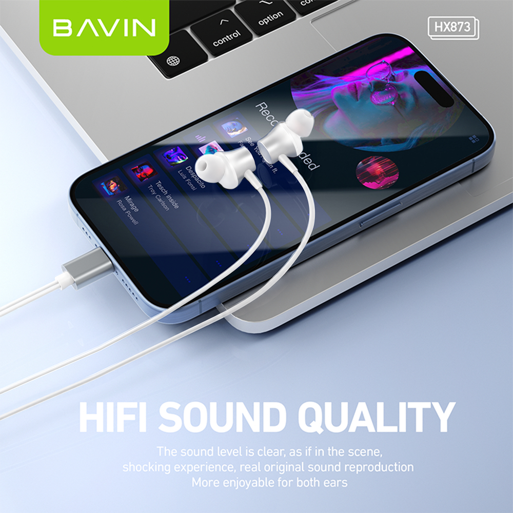 BAVIN HX873 Universal Hi-Res Audio Sound Type-C Wired Earphone Built Mic for iPhone 15-17 & Android Devices