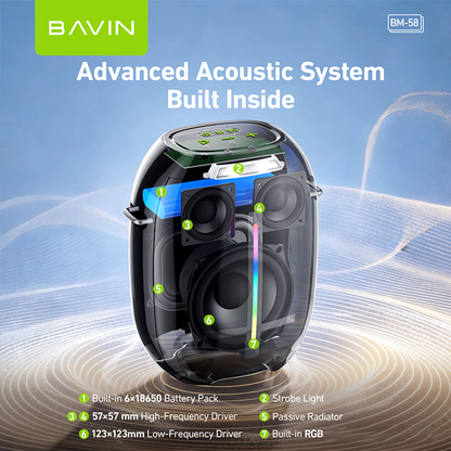 BAVIN BM58 250W Portable Party Bluetooth Karaoke Speaker 12000mAh with RGB LED Lights & Wireless Mic