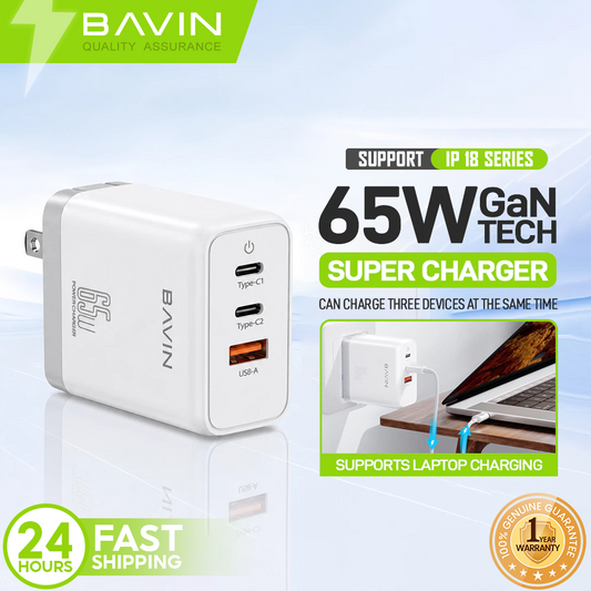 BAVIN PC860 65W GaN Fast Charger Adapter w/ Dual Type-C PD & USB QC3.0 Ports Compatible for Laptop & Smartphones