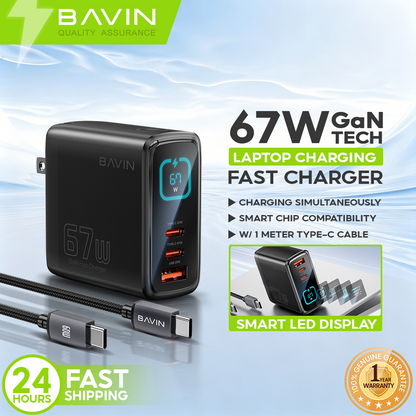 BAVIN PC2197 67W PD GaN Fast Charger w/ Smart LED Display + Foldable Plug + 3 USB Ports for Laptop, iPhone 17