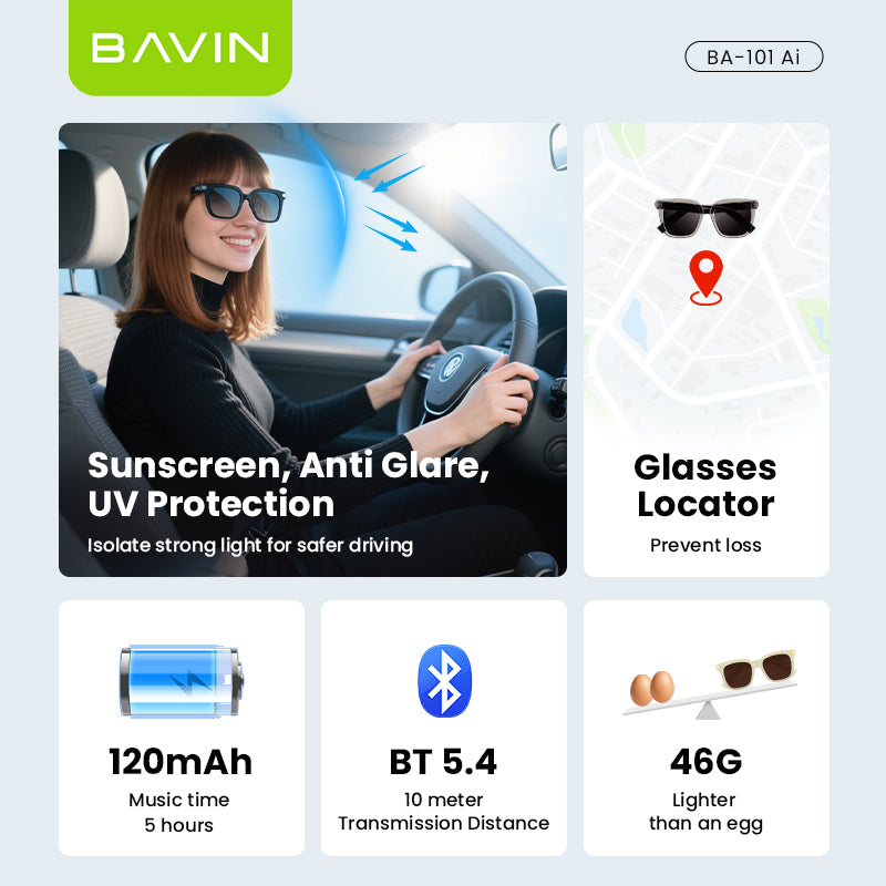 BAVIN BA101 Ai Smart Translation Sunglasses BT 5.4 w/ 130+ Languages, Open-Ear Hi-Fi Sound, Touch Control & UV Protection