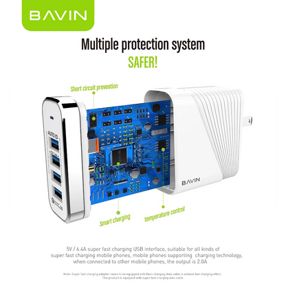 BAVIN C-PC522 18W QC 3.0 Fast Charging Multi-Port USB Wall Charger Adapter for iP & Android Devices