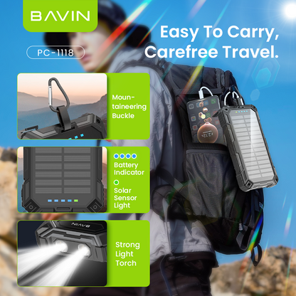 BAVIN PC1118 20000mAh Portable Wireless Solar Powerbank 22.5W Fast Charging Built-in Cable