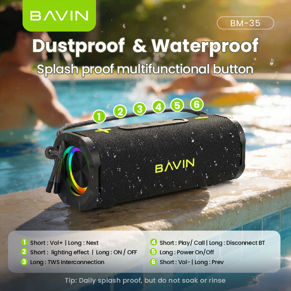 BAVIN BM35 Portable Wireless Bluetooth Speaker 30W TWS Powerful Sound 1800mAh Battery With RGB Light & Lanyard Design