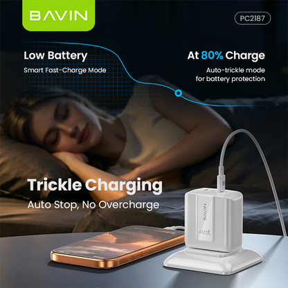 BAVIN PC2187 Portable 45W PD Fast Charger Dual USB C Wall Adapter w/ 1M Cable for iPh 17/Android/Laptop