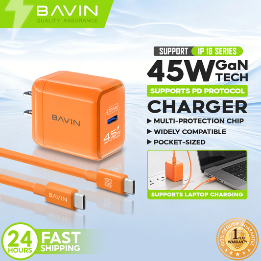 BAVIN PC2132 GaN 45W PD Mini USB-C Fast Charger Wall Adapter w/ Cable for iPhone 18 & Android Devices
