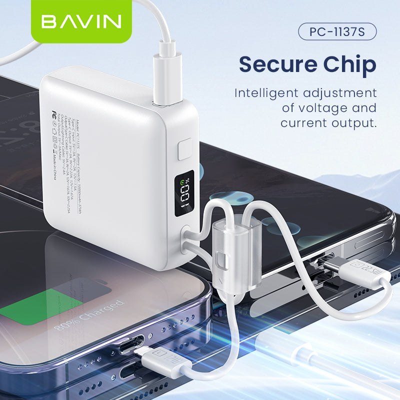 BAVIN PC1137 10000mAh Mini Powerbank 22.5W Fast Charging w/ Built-in Cables Compatible for Android & iPhone 6-17 Series