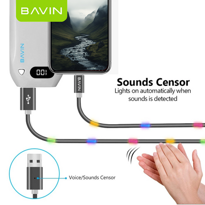 BAVIN U-CB139 2.4A Quick Charging Cable w/LED Light & Voice Control USB Data Cord for Micro & iPhone